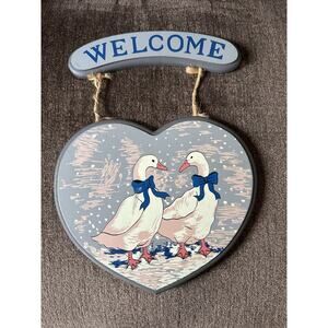Vintage Wooden Heart Shaped Geese Goose Duck Welcome Wall Door Hanging Plaque